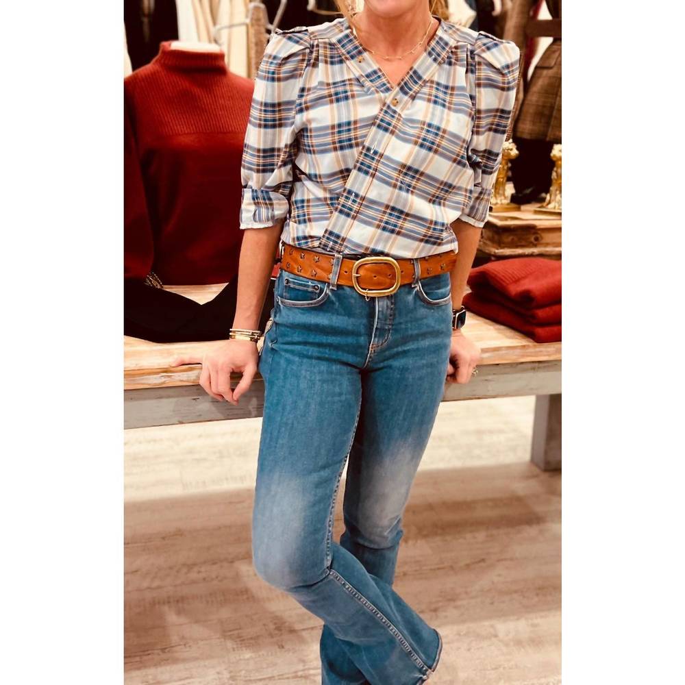 NEW SHOP KMJ bon voyage plaid top in blue/orange